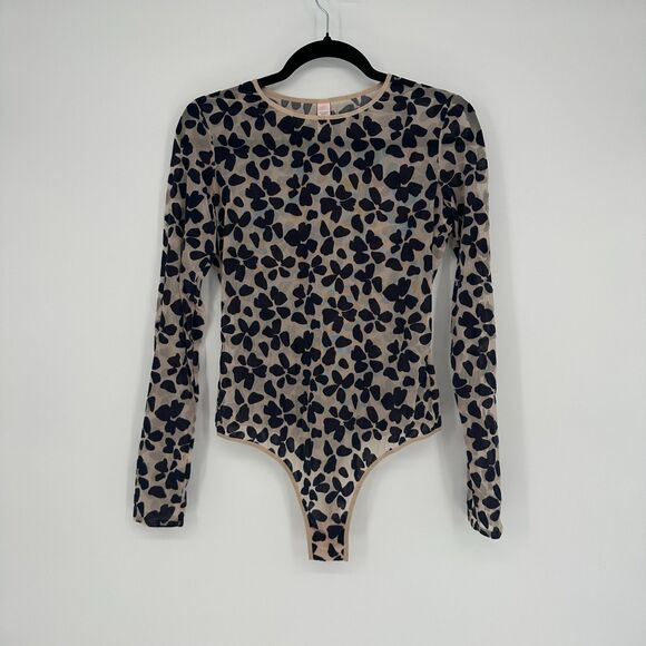 Victorias Secret Velvet Burnout Womens Bodysuit Size M Semi Sheer Floral Thong - Picture 1 of 9